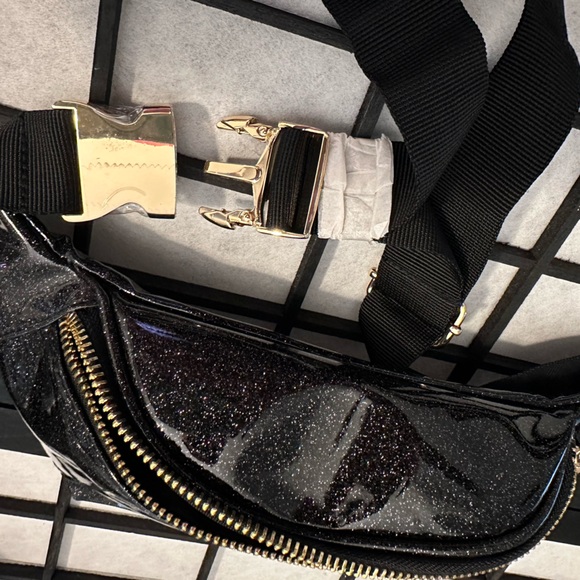 Medium Black Shiny Fanny Pack with Gold Accents - Picture 9 of 11